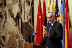 FILE - Syrian Ambassador to the United Nations Bashar al-Jaafari addresses the media in New York.