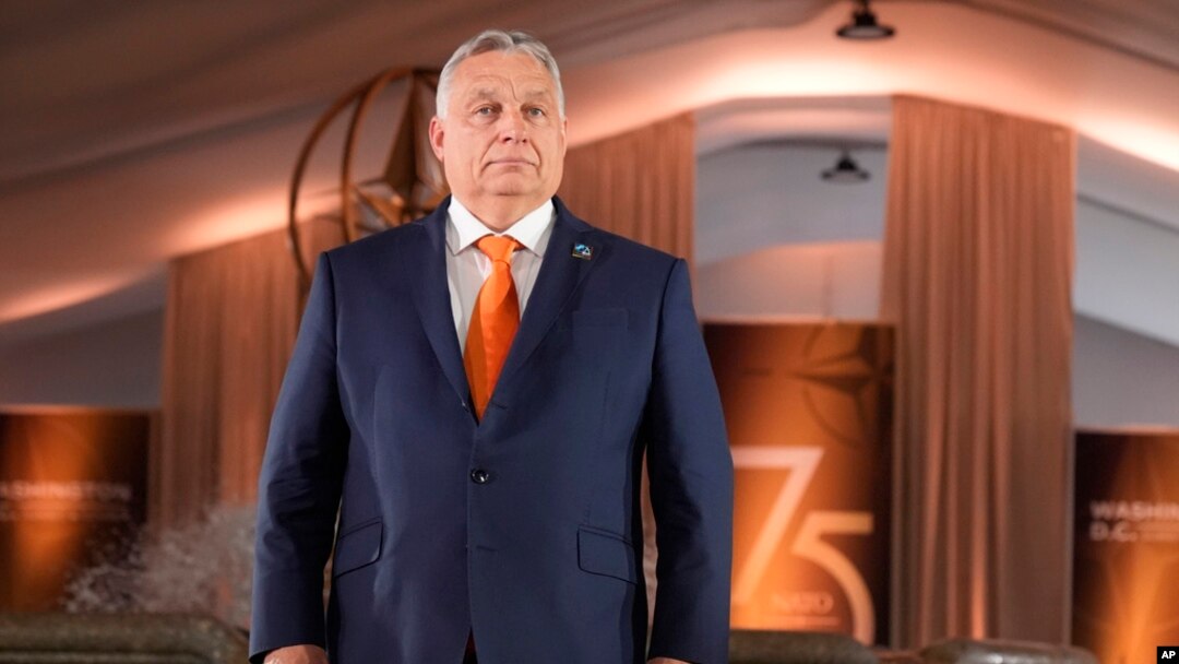 FILE - Hungary's Prime Minister Viktor Orban arrives at an event commemorating the 75th anniversary of NATO at the Andrew W. Mellon Auditorium at the NATO summit in Washington, on July 9, 2024. 
