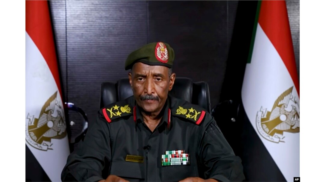 FILE - In this image made from video provided April 21, 2023, by the Sudan Armed Forces, Gen. Abdel-Fattah Burhan, commander of the Sudanese Armed Forces, speaks at an undisclosed location in his first speech since fighting in Sudan began nearly a week ago.