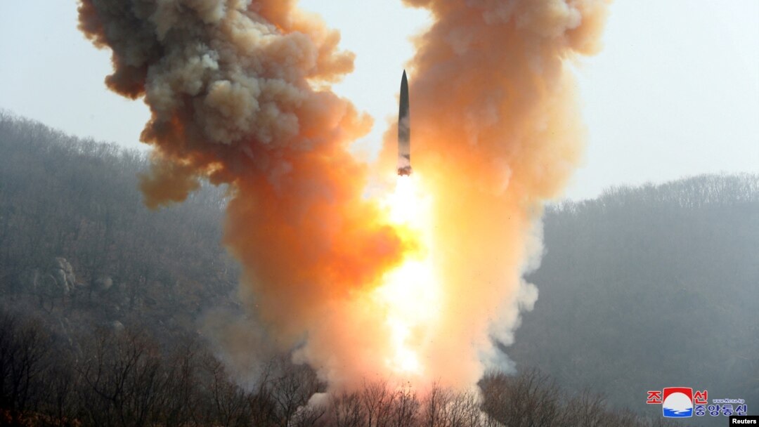 A view shows a missile fired by the North Korean military at an undisclosed location in this image released by North Korea's Central News Agency (KCNA) on March 20, 2023. (KCNA via Reuters)