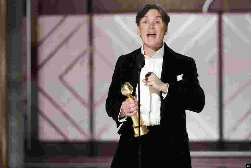 This image released by CBS shows Cillian Murphy accepting the award for best actor in a motion picture for his role in "Oppenheimer" during the 81st Annual Golden Globe Awards in Beverly Hills, Calif., on Jan. 7, 2024.