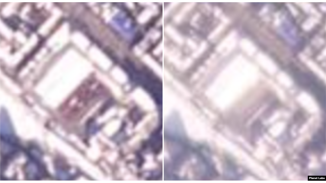 단둥 세관 일대를 촬영한 7일과 8일의 모습. 7일까지 가득하던 트럭이 8일 사라졌다. 사진=Planet Labs