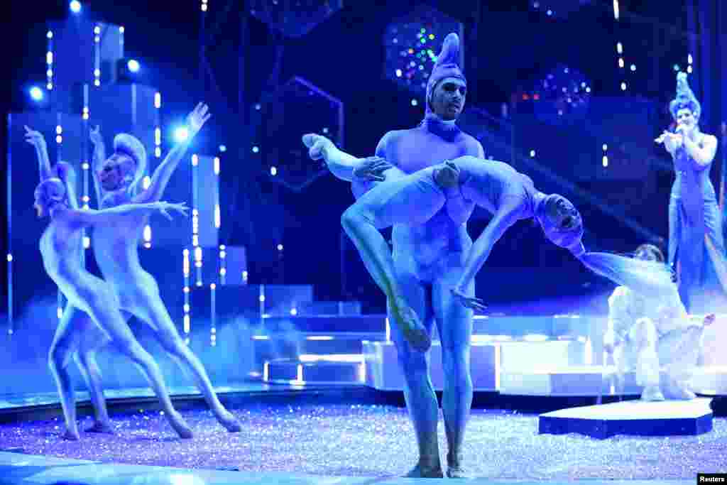 Dancers perform during the dress rehearsal ahead of the world premiere of &quot;Falling in Love&quot; Grand Show at Friedrichstadt-Palast, also known as Palast Berlin, a revue theatre with the largest stage floor in the world, in Berlin, Germany.