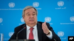 U.N Secretary-General Antonio Guterres addresses reporters during a visit to the U.N. office in Nairobi, Kenya, May 3, 2023. He said the international community needed to pressure warring generals in Sudan to stop fighting.