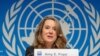 Amy Pope, the new director general of the International Organization for Migration (IOM) attends a news conference in Geneva, Switzerland, Oct. 2, 2023. 
