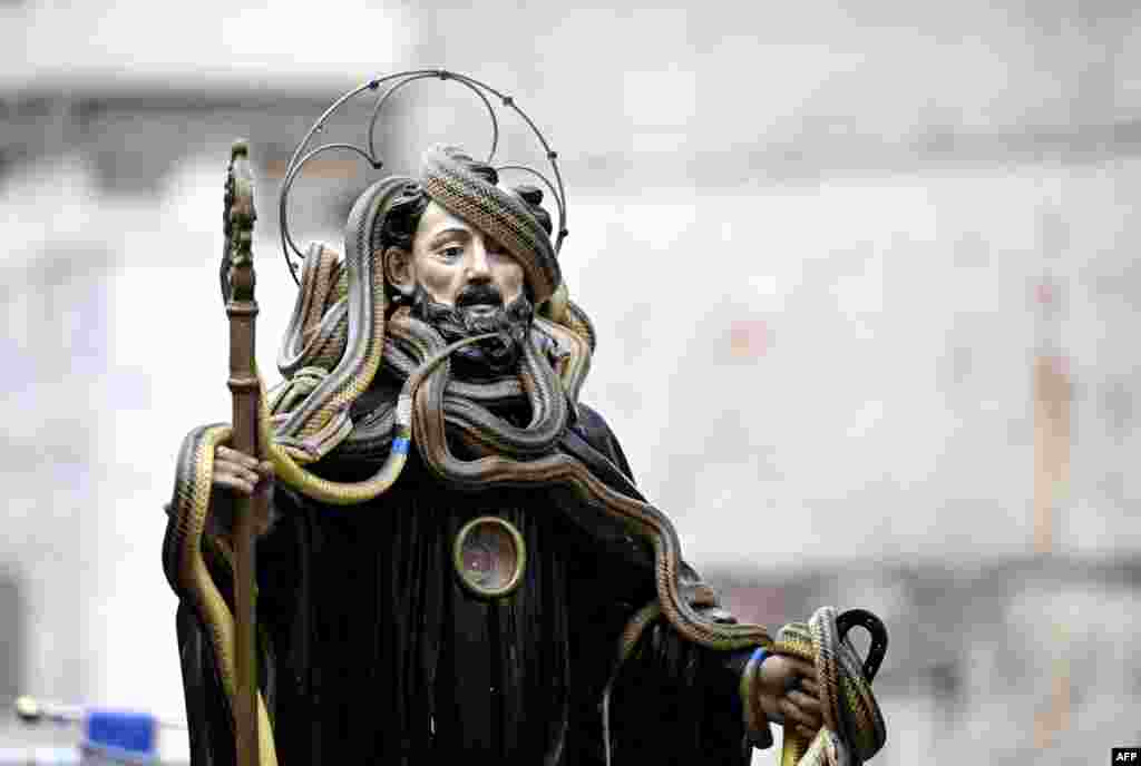 Live snakes cover the statue of St. Dominic during the procession in the village of Cocullo, central Italy as part of the traditional festival of the &#39;Serpari&#39; (snake catchers).