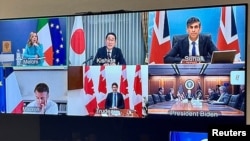 Dirigentes do G7 em reunião virtual, Bélgica, 14 abril 2024. (Charles Michel via X via Reuters) 