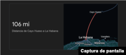 Captura del mapa de Google donde se muestra la distancia aproximada entre La Habana, Cuba y Cayo Hueso, Estados Unidos.