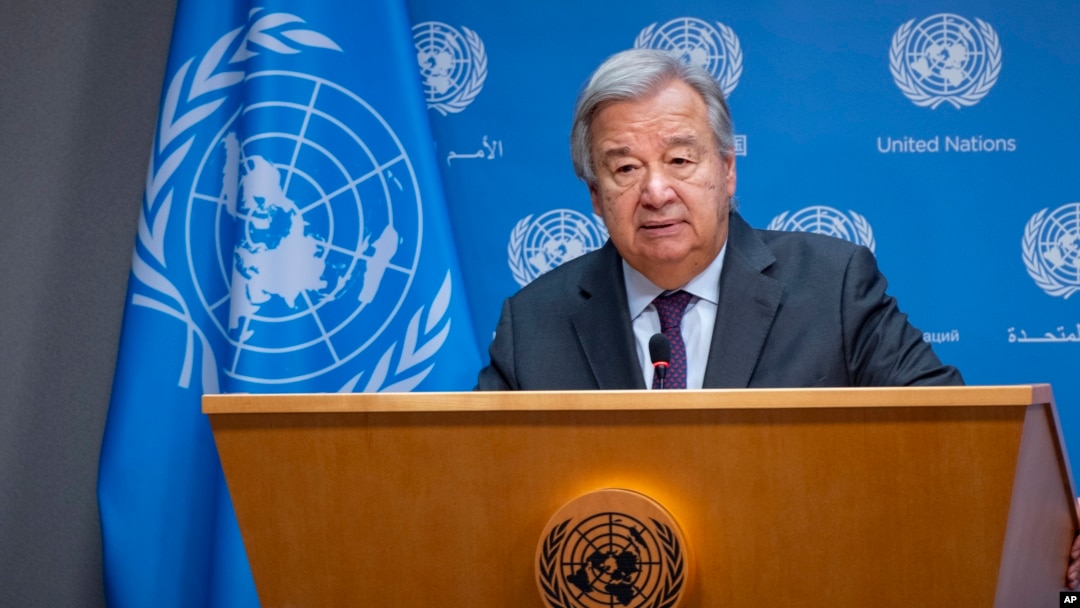 FILE — United Nations Secretary-General Antonio Guterres speaks during a briefing at U.N. headquarters, Oct. 9, 2023. On Wednesday, he appealed to the parties in the Middle East to prevent a spillover of the current conflict.