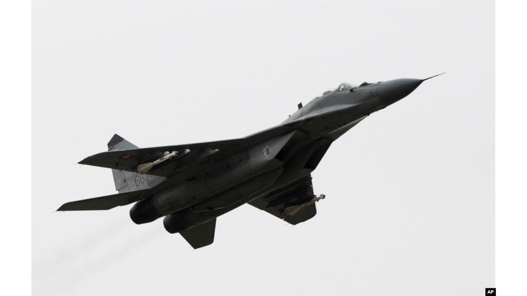 FILE - A view of a MiG-29 aircraft at Sliac Air Base, in Sliac, Slovakia, Feb. 29, 2008.