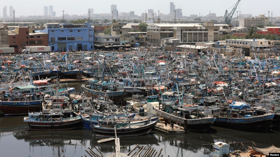View of anchored fishing boats, after ban imposed on coastal activities following the cyclonic storm, Biparjoy, over the Arabian Sea, at Karachi's Fish Harbor, in Karachi, Pakistan, June 10, 2023.