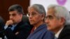 Indian Finance Minister Nirmala Sitharaman, center, addresses the media after a meeting of G20 finance chiefs and central bank governors in Gandhinagar, India, July 18, 2023.