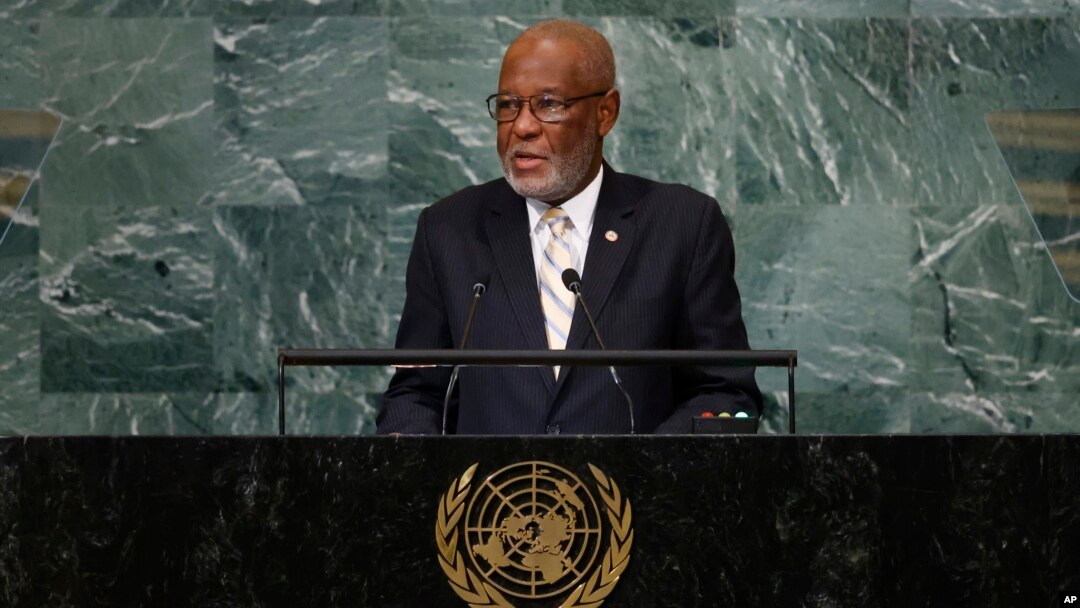 FILE - Haiti's Foreign Minister Jean Victor Geneus addresses the 77th session of the United Nations General Assembly, at U.N. headquarters, Sept. 24, 2022.