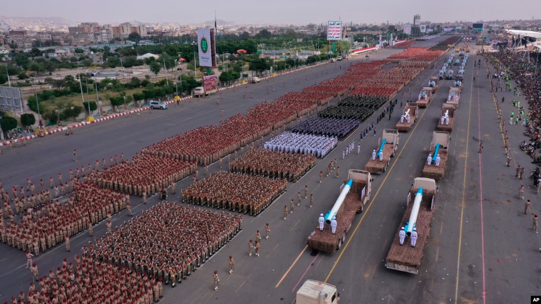 A military parade displaying Houthi forces and weapons moves through a main street of Sanaa, Yemen, on Sept. 21, 2022. Yemen's warring parties faced a deadline to renew a 6-month-long truce on Sunday, Oct. 2. 