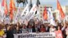 Demonstrators carrying the banner "We are defending Gezi" gather in Ulus Square to protest the prison sentence given to the civil society leader Osman Kavala by the Turkish courts, in Ankara, April 26 2022.