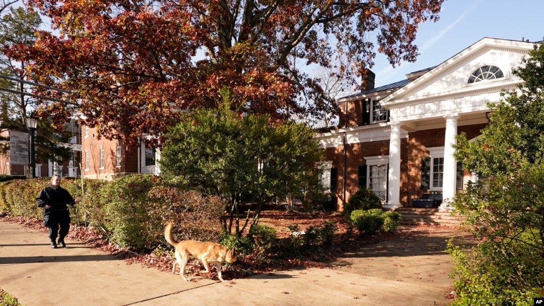 A Virginia Department of Corrections canine team searches the scene near an overnight shooting that occurred at the University of Virginia, Nov. 14, 2022, in Charlottesville. Va. 