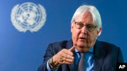 Martin Griffiths, umuyobozi w'igisata co gutabara ca ONU, aganira n'abamenyeshamakuru ku cicaro ca ONU, i New York, kw'itariki ya 28/9*2021