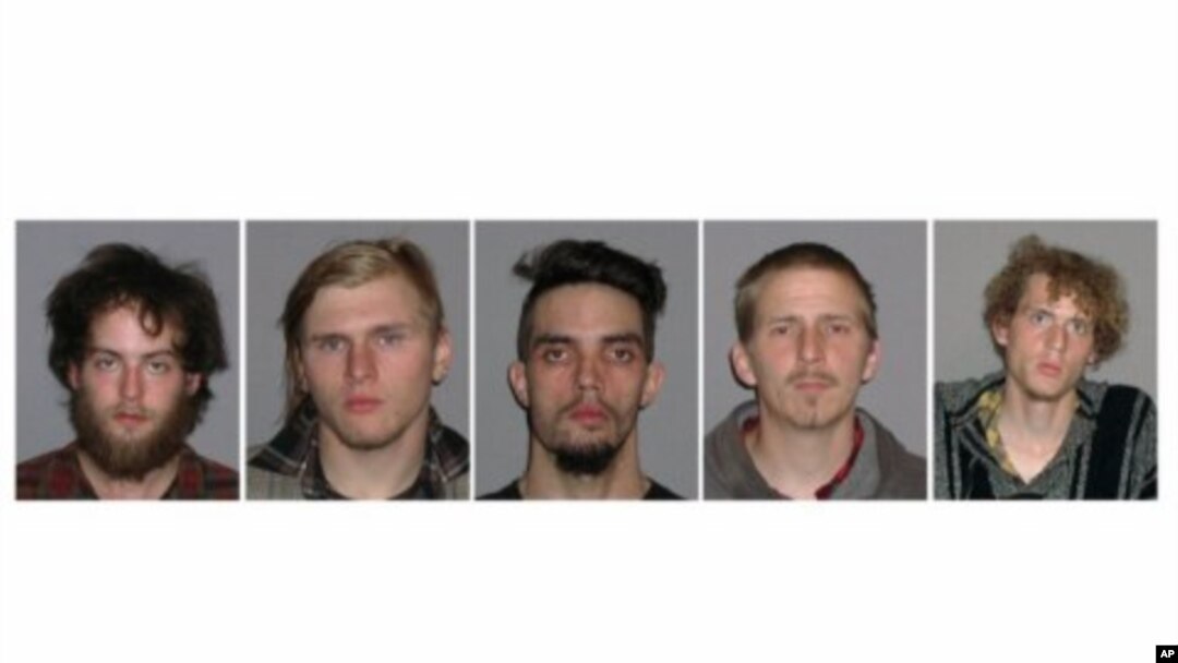 This combination of handout booking photos provided May 1, 2012 by the FBI shows L-R: Connor Stevens, Brandon Baxter, Douglas Wright, Anthony Hayne and Joshua Stafford.
