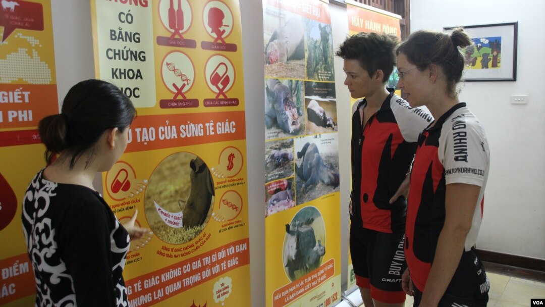 Vicky (right) Vanessa and Wiesenmaier visit Education for Nature - Vietnam, a conservation organization in Hanoi during their campaign to discourage Vietnamese people from buying products made from rhino horn.