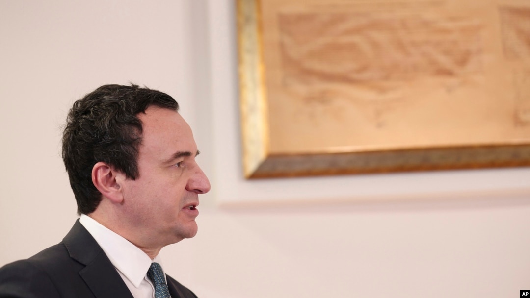 Kosovo's Prime Minister Albin Kurti speaks during an interview with The Associated Press in capital Pristina, Kosovo, Feb. 5, 2023. 