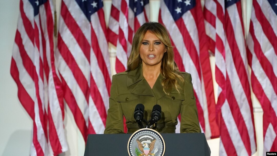 U.S. first lady Melania Trump delivers her live address to the largely virtual 2020 Republican National Convention from the Rose Garden of the White House in Washington, Aug. 25, 2020.