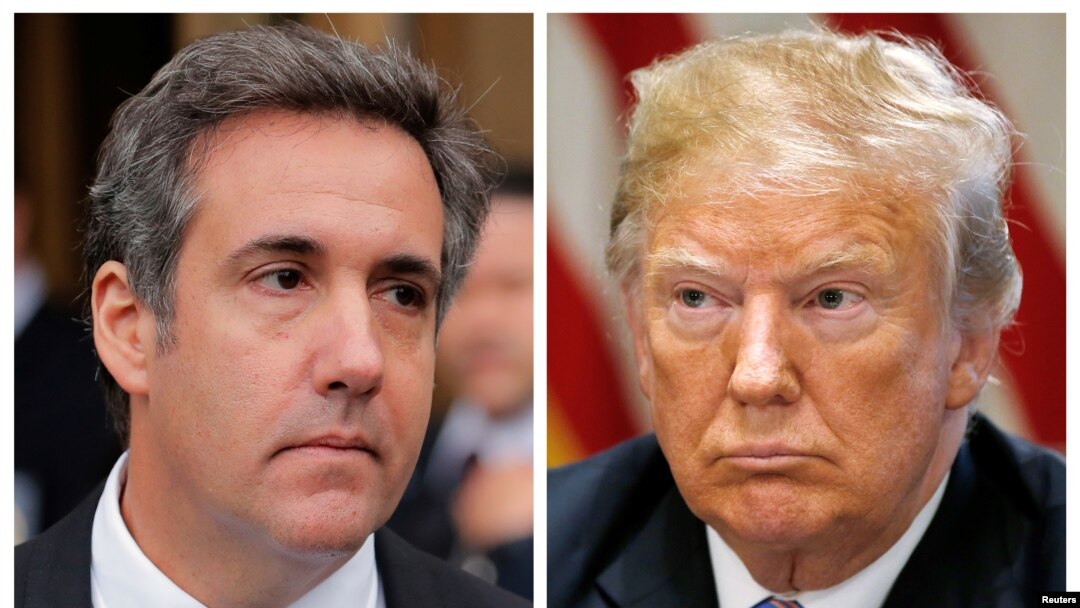 A combination photo shows President Donald Trump's onetime personal attorney, Michael Cohen and Trump from outside federal court in the Manhattan borough of New York City, April 16, 2018 and in the White House, July 18, 2018.