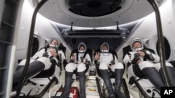 The astronauts returned to Earth on Monday to end a 200-day space station mission that began last spring.Photo provided by NASA via AP, Nov. 8, 2021 