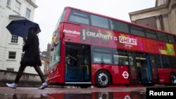 FILE - A BYD bus is displayed at a UK Trade and Investment event in London, Britain October 21, 2015. Chinese investment into low carbon London black cabs and a deal involving luxury sports carmaker Aston Martin are part of a series of business announceme