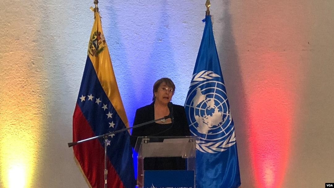 La Alta Comisionada de Derechos Humanos de la ONU, Michelle Bachelet, en rueda de prensa en Caracas, Venezuela. Junio 21, 2019. Foto: Alvaro Algarra, VOA. 