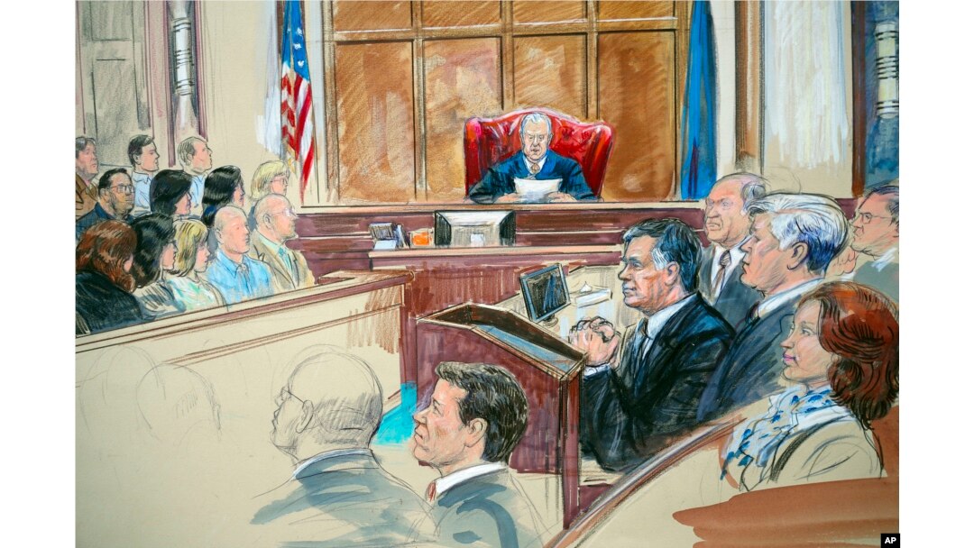 This courtroom sketch shows Paul Manafort listening to U.S. District Judge T.S. Ellis III at federal court in Alexandria, Va., Aug. 21, 2018, with a few of the jurors show at left.