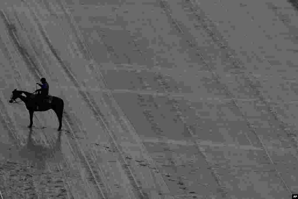 A horse stands in the mud before the 143rd running of the Kentucky Oaks horse race at Churchill Downs in Louisville, Kentucky. The Kentucky Derby will be held on Saturday at Churchill Downs.