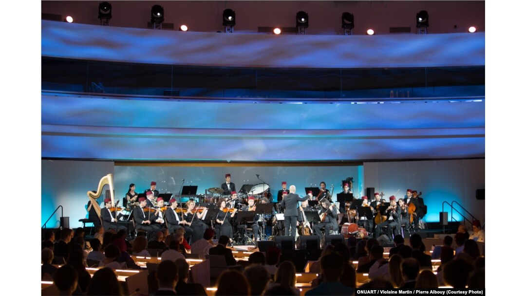 Morocco’s Royal Symphony Orchestra performs during the Mediterranean Concert at the Chamber of the Alliance of Civilizations & Human Rights, United Nations, Geneva, Switzerland, July 9, 2016.