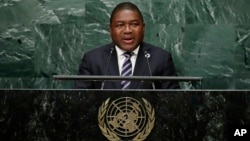 Filipe Jacinto Nyusi, the president of Mozambique, speaks during the 71st session of the United Nations General Assembly, Wednesday, Sept. 21, 2016, at the U.N. headquarters.
