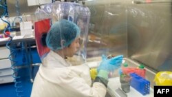 FILE - This Feb. 23, 2017, photo shows a worker inside the P4 laboratory in Wuhan, capital of China's Hubei province.