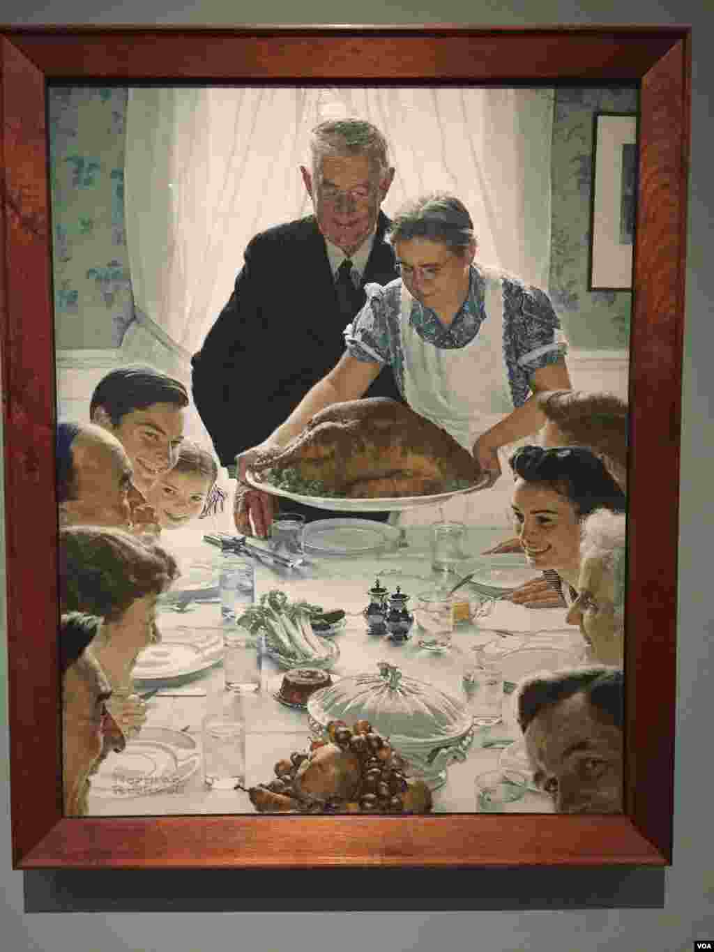 Freedom from Want was inspired by, and has since become a model for, the all-American Thanksgiving. Rockwell's neighbors and family members posed in his studio for the illustration. (J.Taboh/VOA)