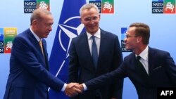 TOPSHOT - Turkish President Tayyip Erdogan (L) and Swedish Prime Minister Ulf Kristersson shake hands in front of NATO Secretary-General Jens Stoltenberg prior to their meeting, on the eve of a NATO summit, in Vilnius on July 10, 2023. (Photo by YVES HERM