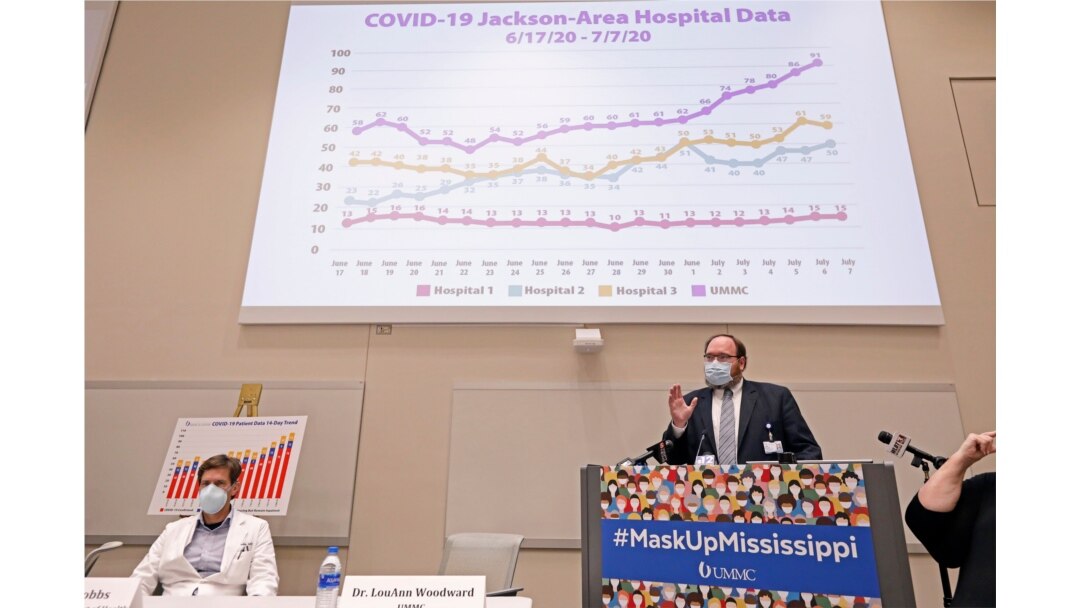 Jonathan Wilson, COVID Incident Manager at the University of Mississippi Medical Center, right, speaks about the impact of the recent spike in COVID-19 hospitalizations, July 9, 2020 in Jackson Miss.