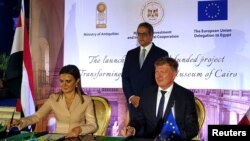 Ivan Surkos, Head of the EU Delegation to Egypt, and Sahar Nasr, Egypt's Minister for Investment and International Cooperation, sign an agreement for a European grant to renovate the Egyptian Museum, in Cairo, Egypt, June 16, 2019.