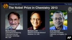 Laureates Martin Karplus, Michael Levitt and Arieh Warshel as winners of the 2013 Nobel Prize in chemistry, announced by the Royal Swedish Academy of Sciences in Stockholm, Oct. 9, 2013.