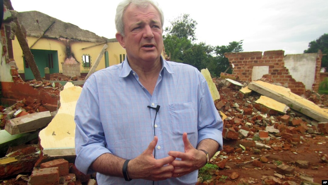 U.N. humanitarian chief Stephen O'Brien answers reporters' questions during an organized trip to Bangassou, Central African Republic, July 18, 2017.