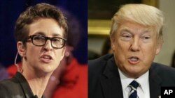 MSNBC 视频电视主持人主持人雷切尔•玛多（左），美国总统川普 