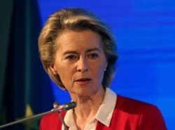 European Commission President Ursula von der Leyen speaks during a joint news conference with EU Council President Charles Michel after talks with Turkey's President Recep Tayyip Erdogan, in Ankara, Turkey, April 6, 2021.