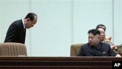 16일 평양에서 열린 김정일 위원장 1주기 충앙추모대회에서 김정은 국방위 제1위원장(오른쪽)에게 인사하는 김영남 최고인민회의 상임위원장.