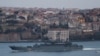 The Russian Navy's Ropucha-class landing ship Korolev sets sail in the Bosphorus, on its way to the Black Sea, in Istanbul, Turkey, April 17, 2021. 