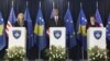 Kosovo's PM Hashim Thaci (C) U.S. Secretary of State Hillary Clinton (L) and High Representative for EU Foreign Policy Catherine Ashton (R) attend a joint news conference in Pristina, October 31, 2012. 