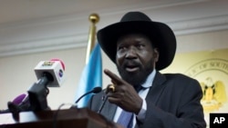FILE - South Sudan's President Salva Kiir speaks to the media at a press conference in Juba, South Sudan.