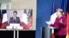 FILE - French President Emmanuel Macron welcomes German Chancellor Angela Merkel in the government building of Toulouse, southwestern France, Oct.16, 2019. 