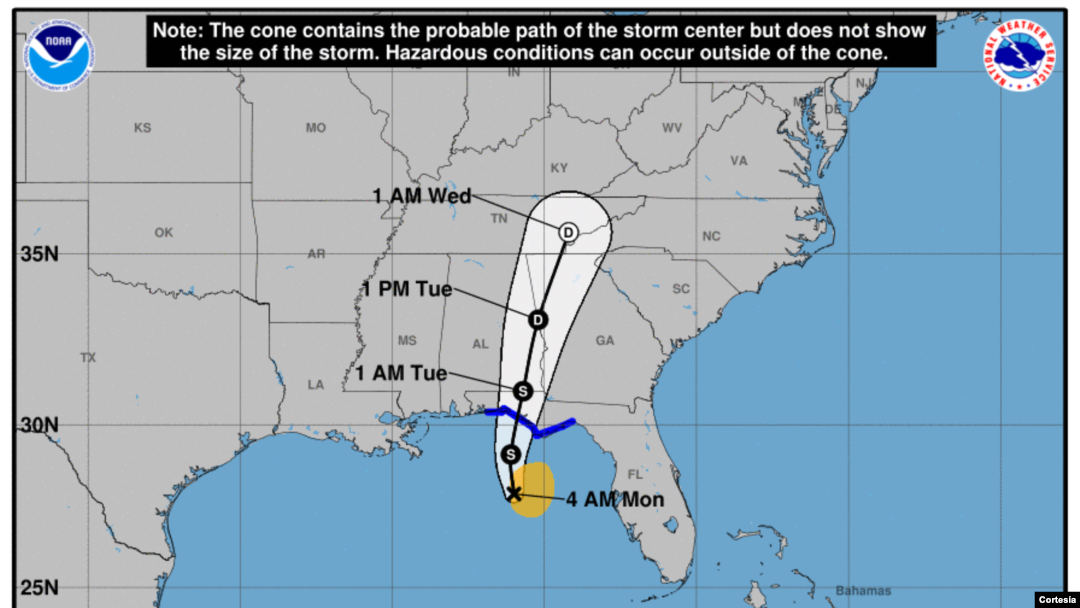Mapa del Centro Nacional de Huracanes de EE. UU. muestra la trayectoria de la tormenta tropical Fred el lunes 16 de agosto de 2021 a las 5:00 de la mañana, hora del Este de EE. UU.