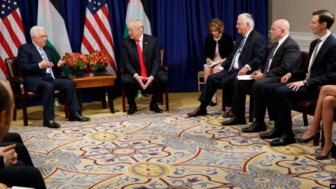 President Donald Trump meets with Palestinian President Mahmoud Abbas at the Palace Hotel during the United Nations General Assembly, in New York, Sept. 20, 2017.