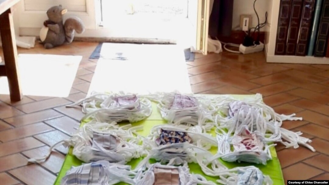Supplies of face masks created by Chloe Chancelier's Facebook group. 